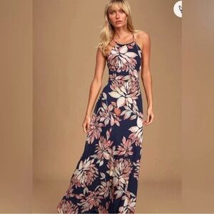 Lulus Adventure Seeker Navy Blue Floral Print Maxi Dress, Small